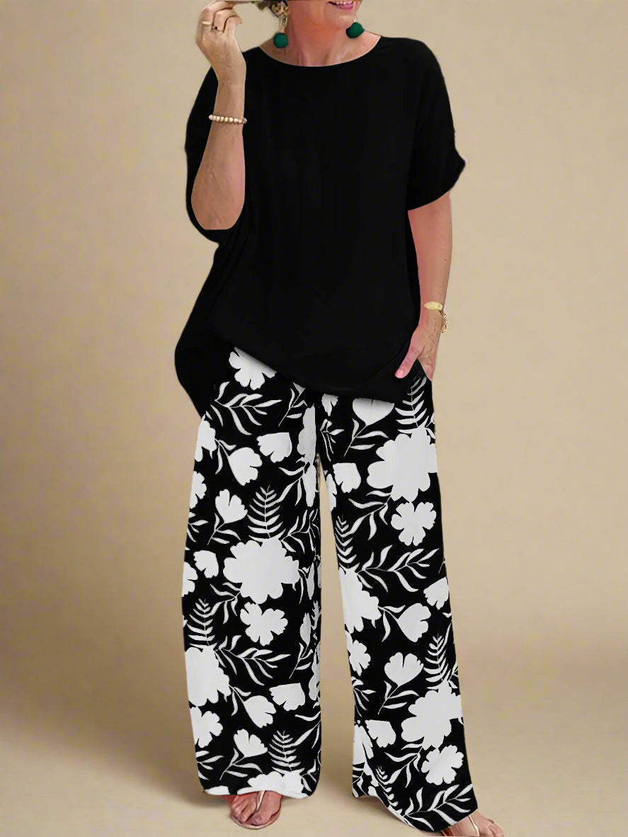 Sofia | Mønstrede Bukser + Ensfarvet Top