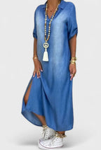 Lea | Lang Kjole i Denimlook med Sideslids