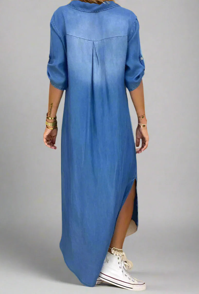 Lea | Lang Kjole i Denimlook med Sideslids