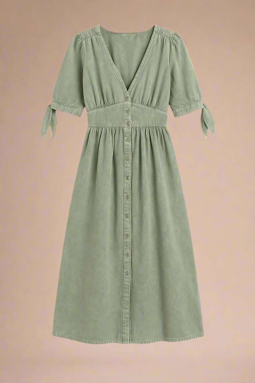 Clara Kjole | Lang denimkjole med knapper og markeret talje