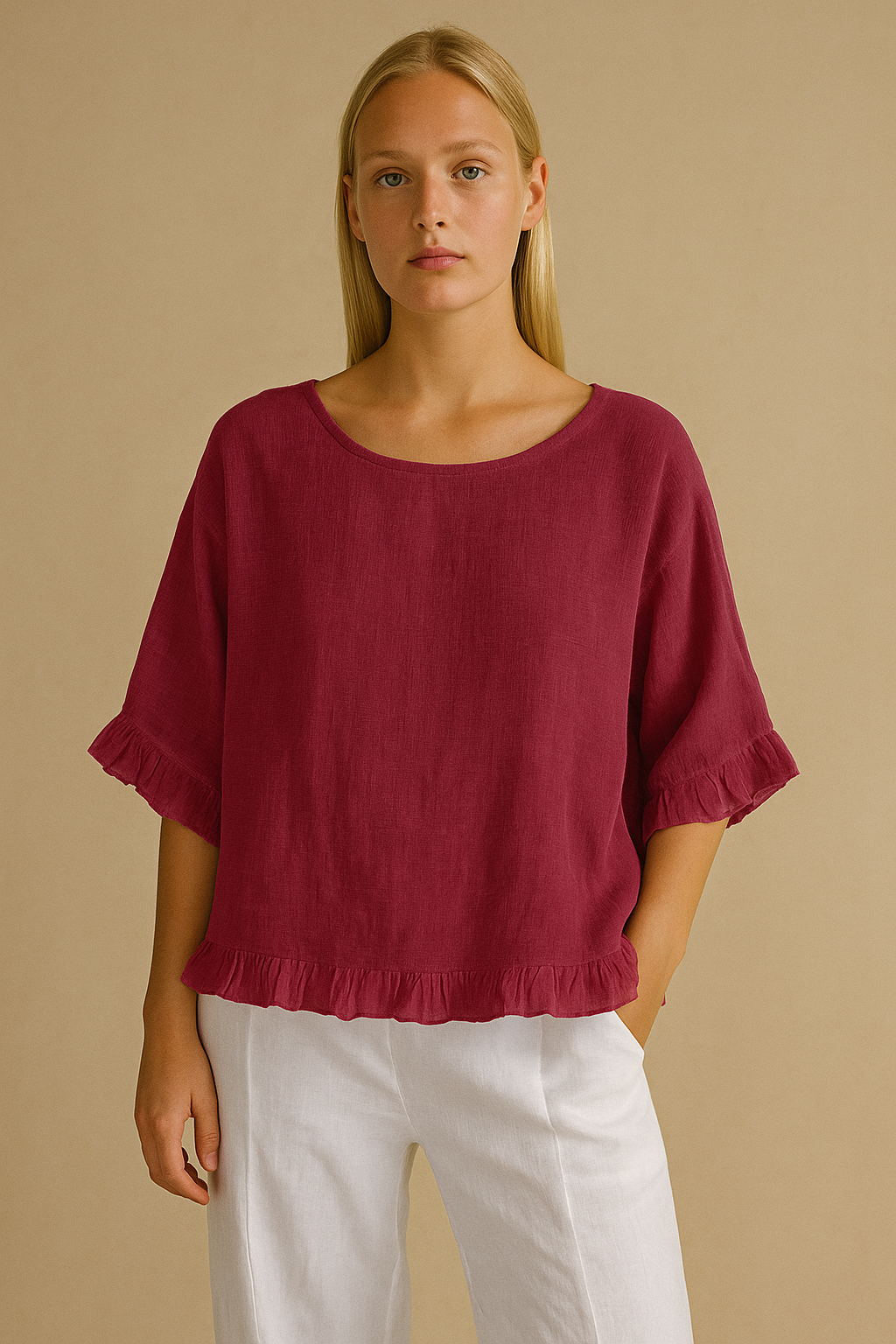 Minea Bluse | Blød linned – afslappet elegance med flæsedetaljer