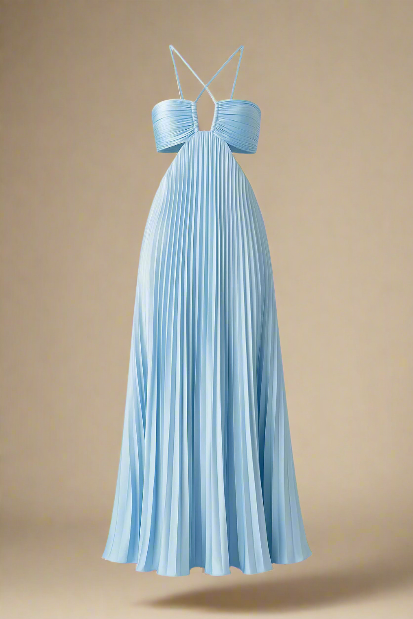 Ida Kjole | Lang plisseret kjole med krydsstropper og struktureret bryst