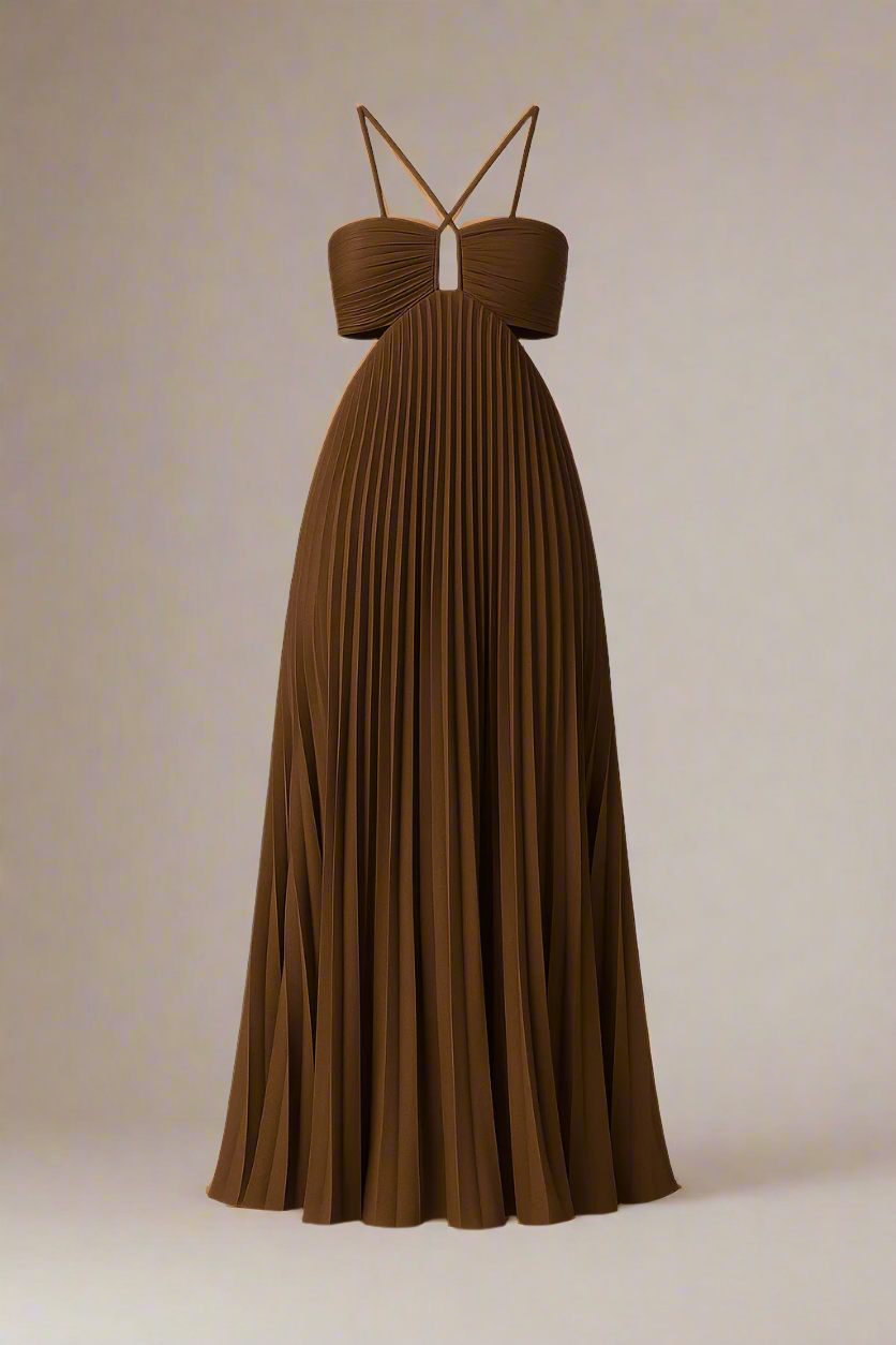 Ida Kjole | Lang plisseret kjole med krydsstropper og struktureret bryst