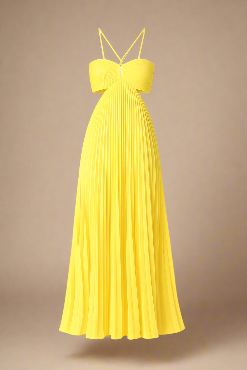 Ida Kjole | Lang plisseret kjole med krydsstropper og struktureret bryst