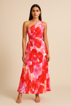 Signe Kjole | Plisseret one-shoulder kjole med blomstermønster