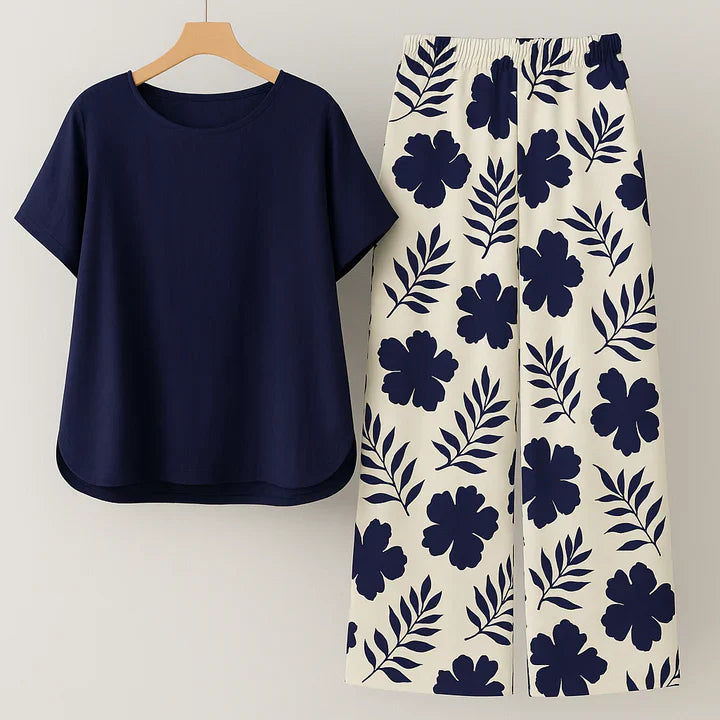 Sofia | Mønstrede Bukser + Ensfarvet Top