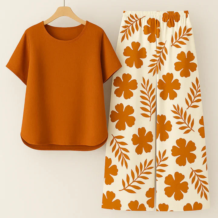 Sofia | Mønstrede Bukser + Ensfarvet Top