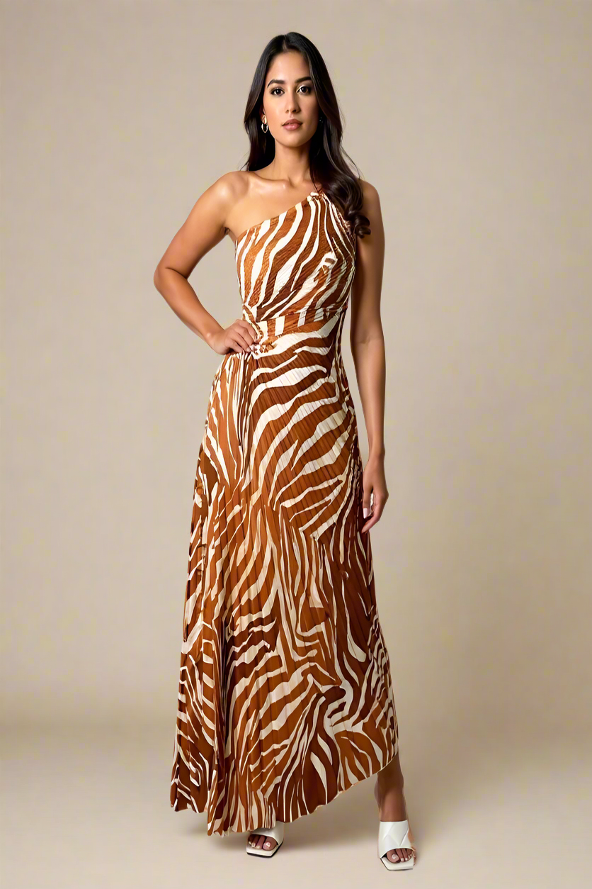 Olivia Kjole | Plisseret one-shoulder kjole med zebramønster
