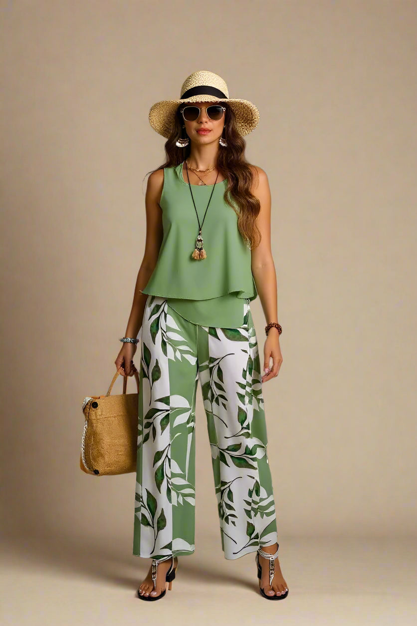 Sæt Denise | Mønstrede Bukser + Ensfarvet Top