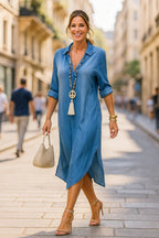 Lea | Lang Kjole i Denimlook med Sideslids