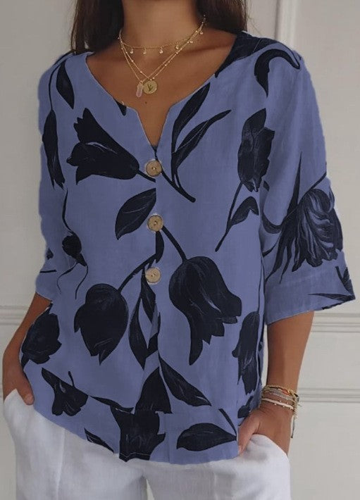 Astrid | Blomstret bluse med knap foran