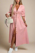 Clara Kjole | Lang denimkjole med knapper og markeret talje